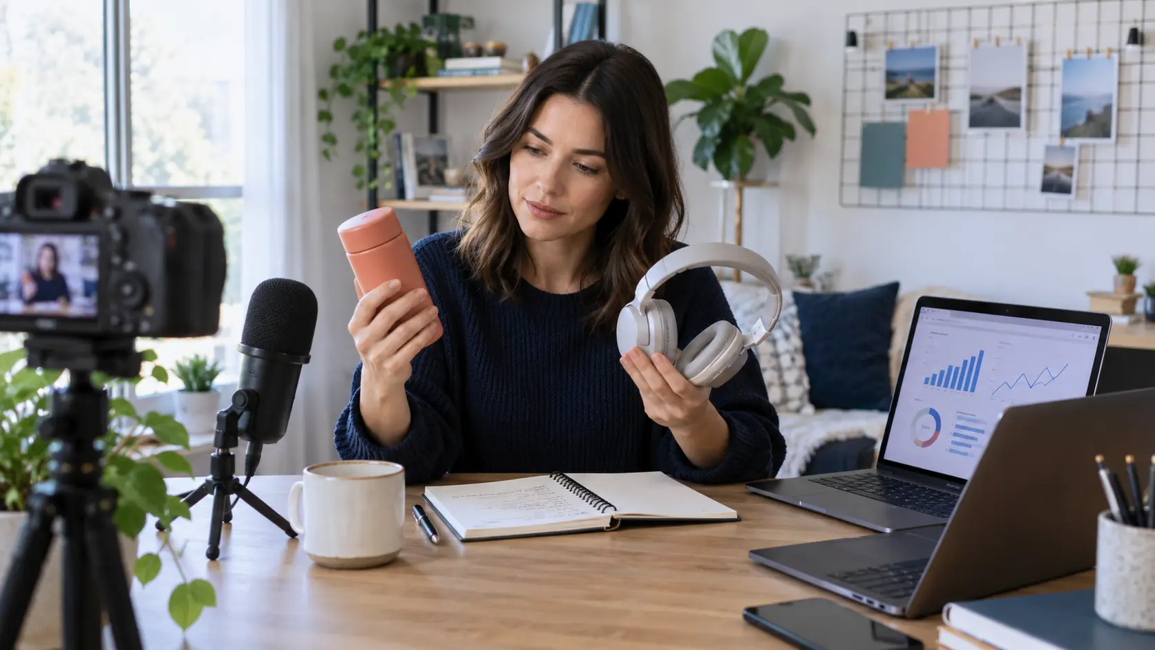Content creator comparing products and reviewing affiliate referral performance before making a recommendation