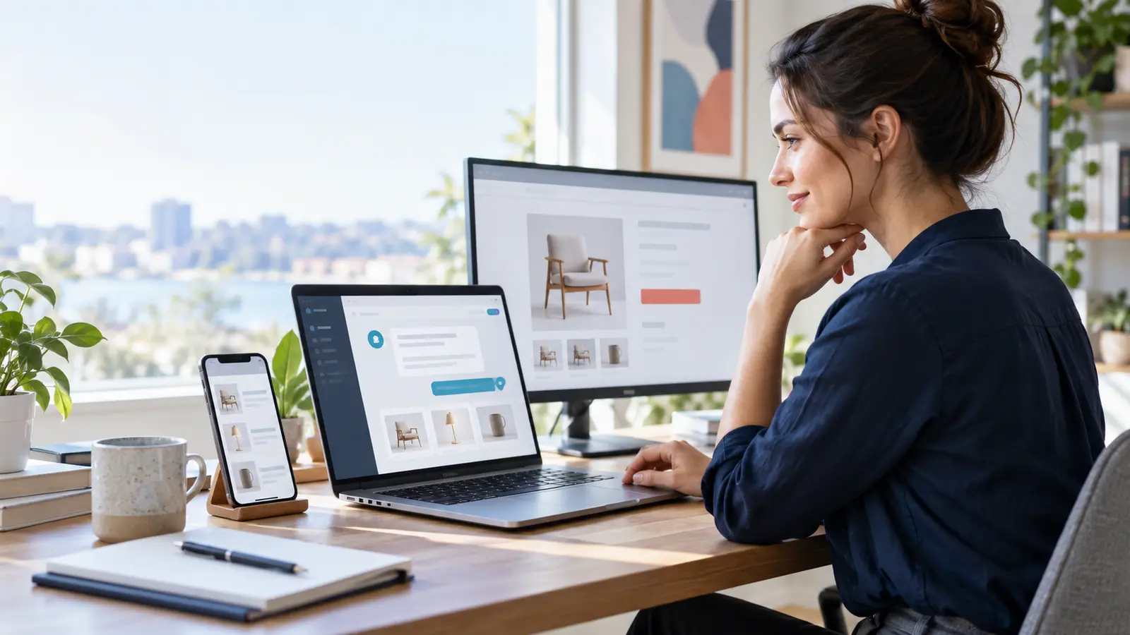 Shopper researching products with an AI assistant before checking search results and a retailer website