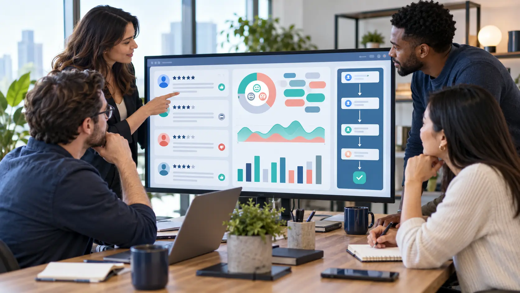 Customer experience team auditing review themes, sentiment and response workflows across web sources