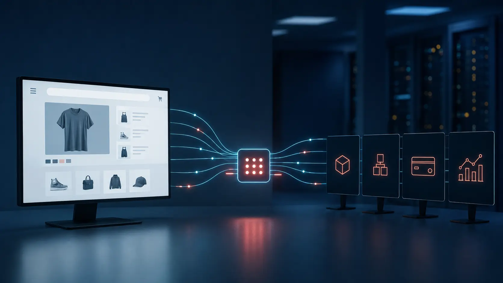 Decoupled ecommerce storefront connected through an API orchestration layer to product, inventory, payment and analytics systems
