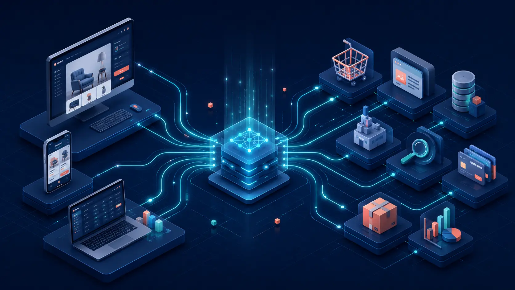 Decoupled storefronts connected through an API layer to modular commerce services