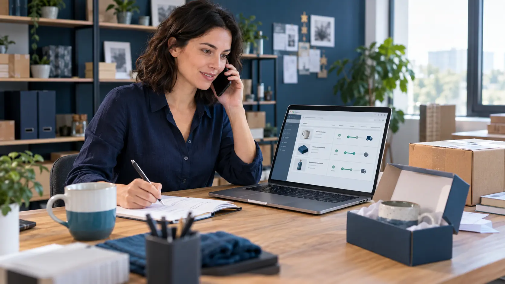 Online store owner checking a customer order while coordinating stock and shipping with a third-party supplier