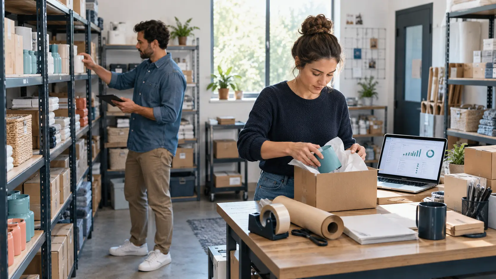 Small ecommerce team checking owned inventory, packing an order and reviewing customer performance data