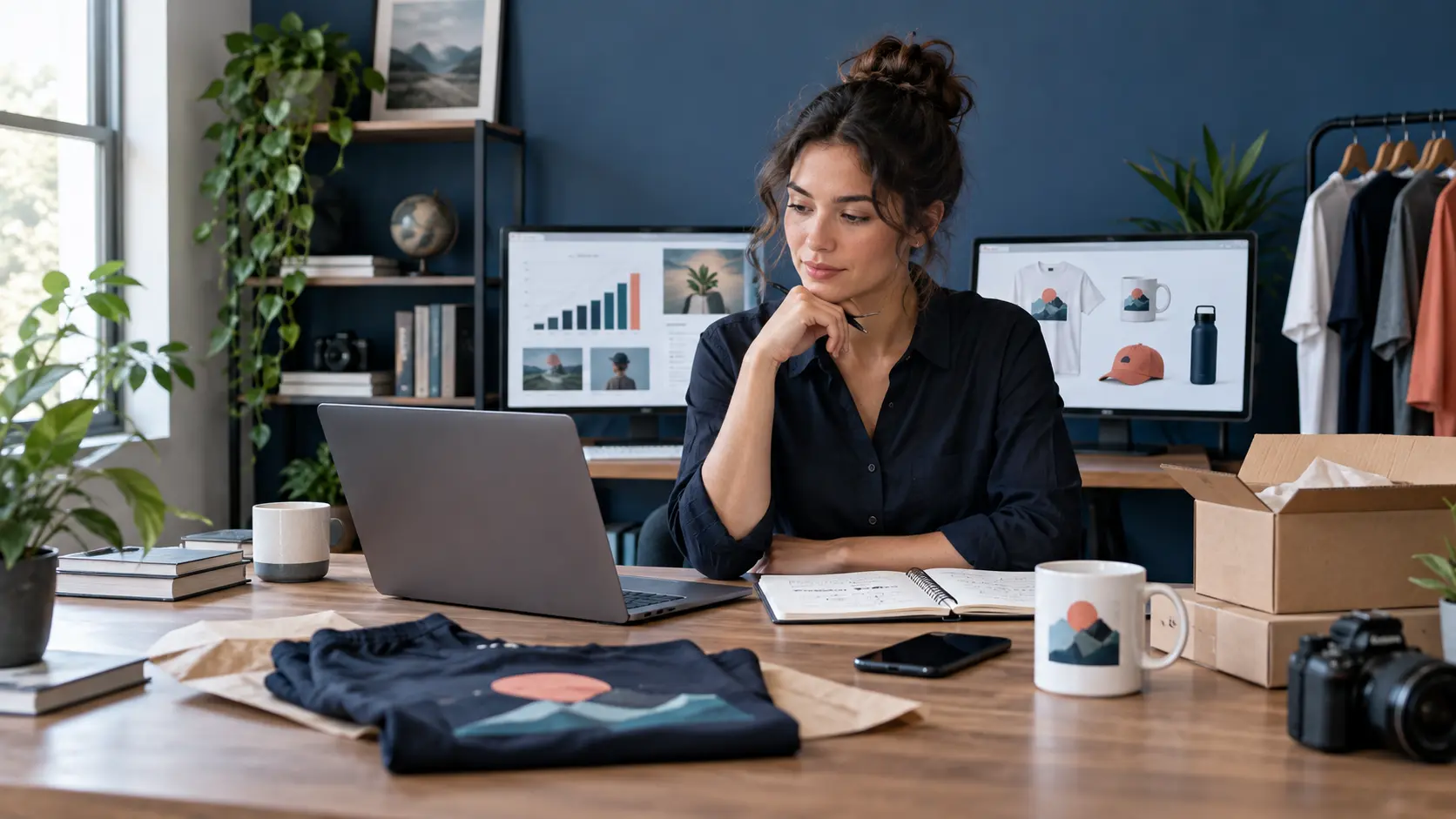 Entrepreneur comparing affiliate marketing, dropshipping, print on demand and owned ecommerce operations