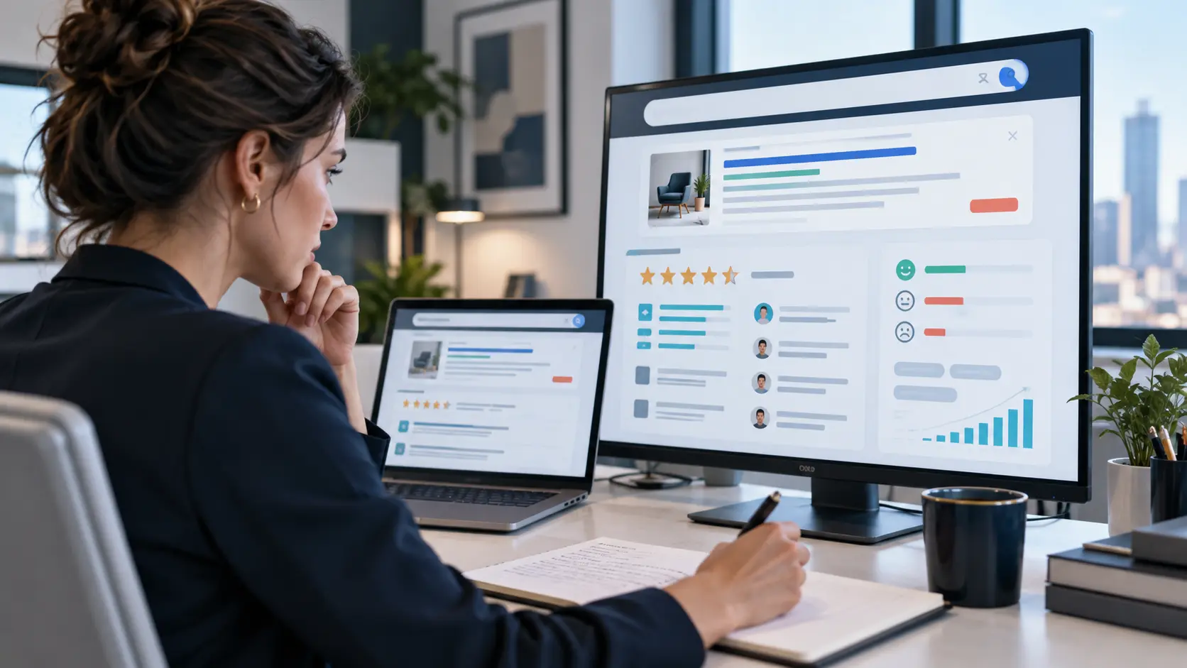 Paid search strategist reviewing a Search ad with an AI-generated customer review summary