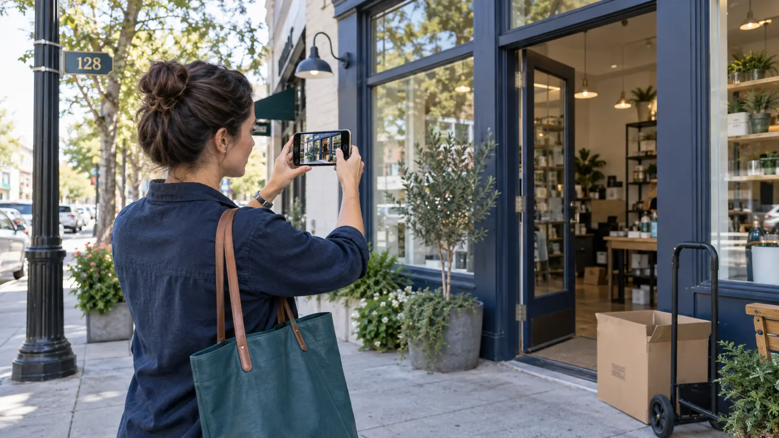 Business owner photographing a new storefront and permanent signage for Google Business Profile reverification