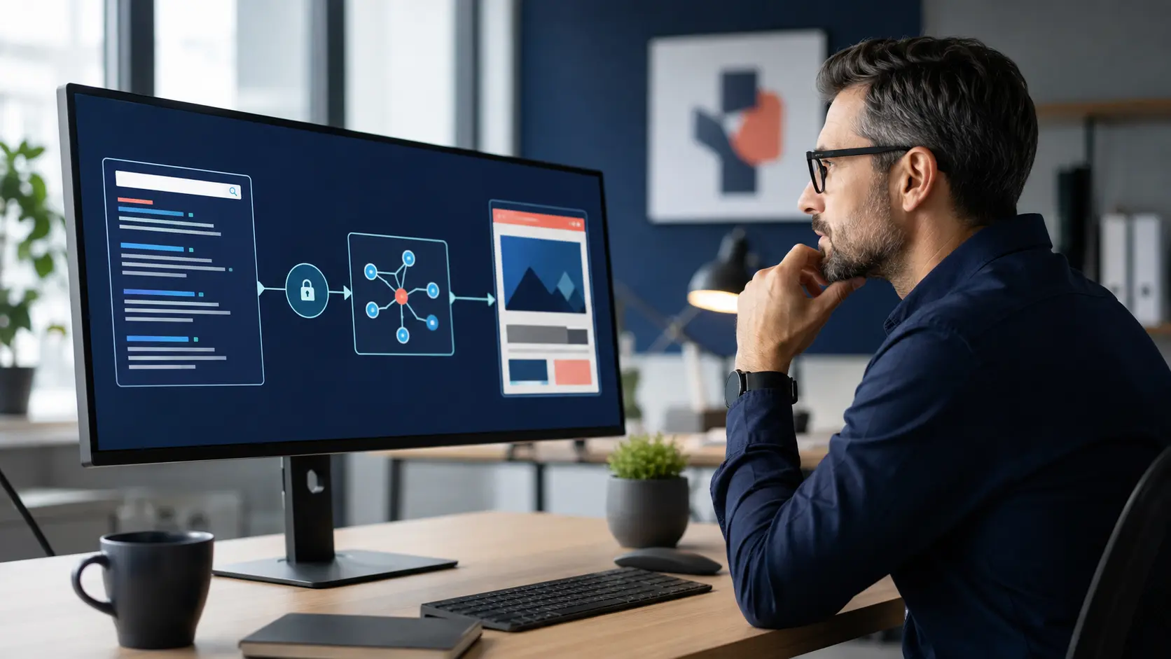 SEO analyst examining a search result click routed through an intermediary layer before reaching a website