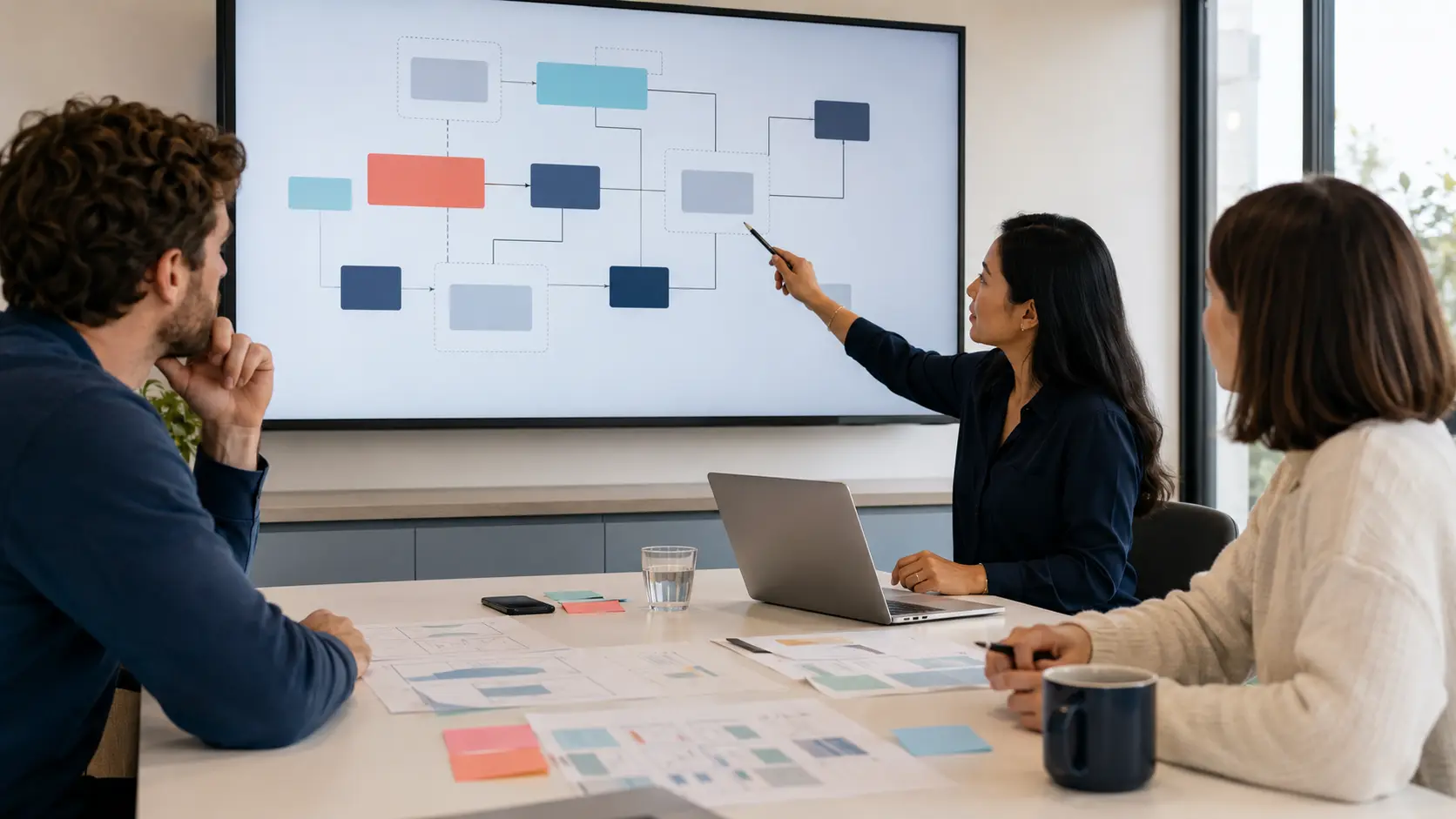 Ecommerce team planning a headless commerce migration with system architecture and customer journey maps