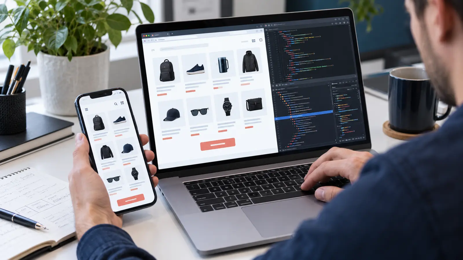 Developer testing a load more ecommerce category across a laptop and mobile phone with browser inspection open