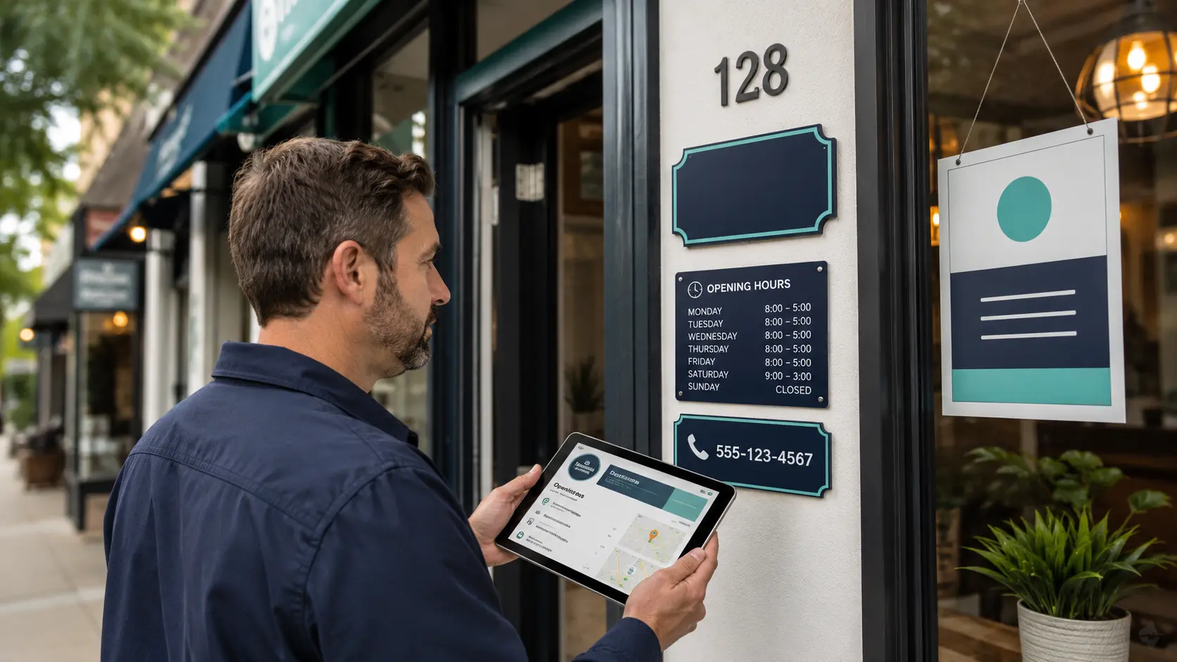 Local business owner comparing storefront details with profile name address category and hours