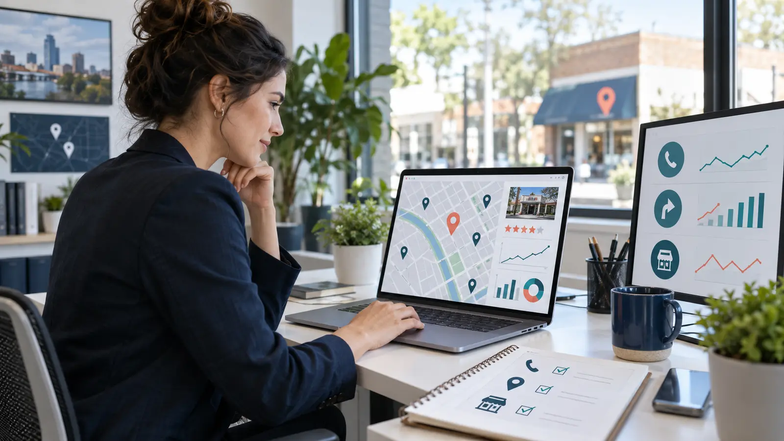 Local SEO analyst monitoring map visibility, reviews, calls and directions after a business relocation