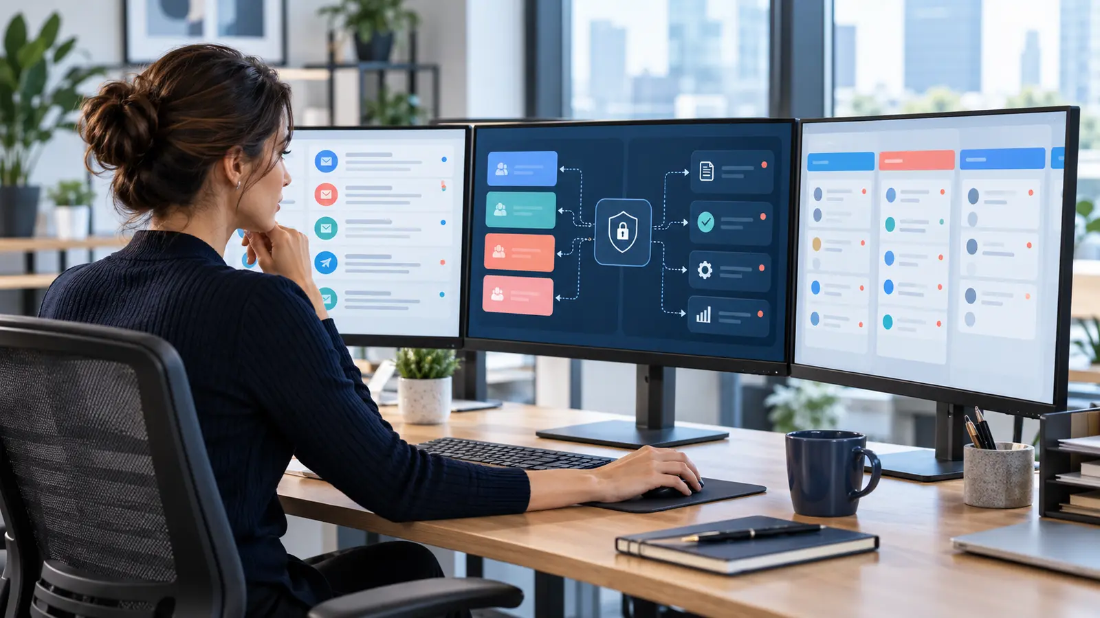 SEO operations specialist reviewing secure multi-channel task routing across isolated client workspaces