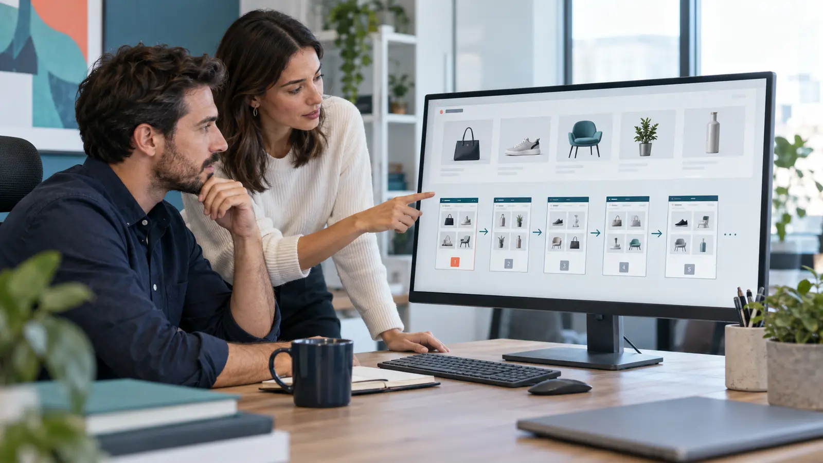 SEO specialist and ecommerce manager reviewing a paginated product category architecture