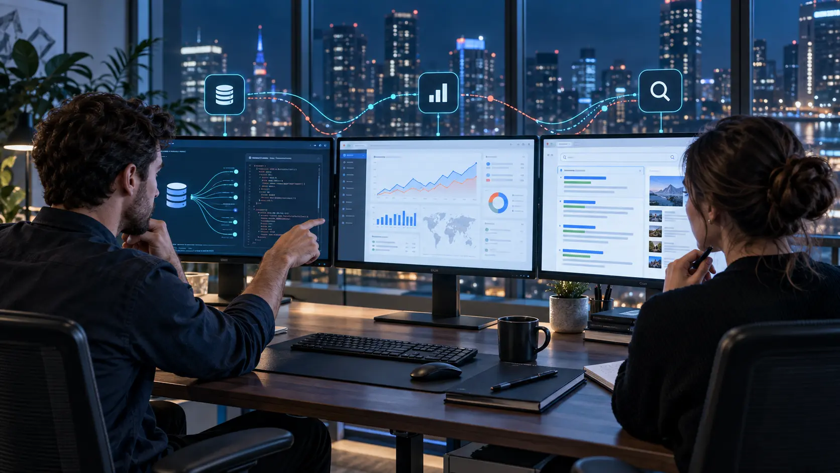 Developer and SEO analyst comparing official search API, analytics and browser monitoring workflows
