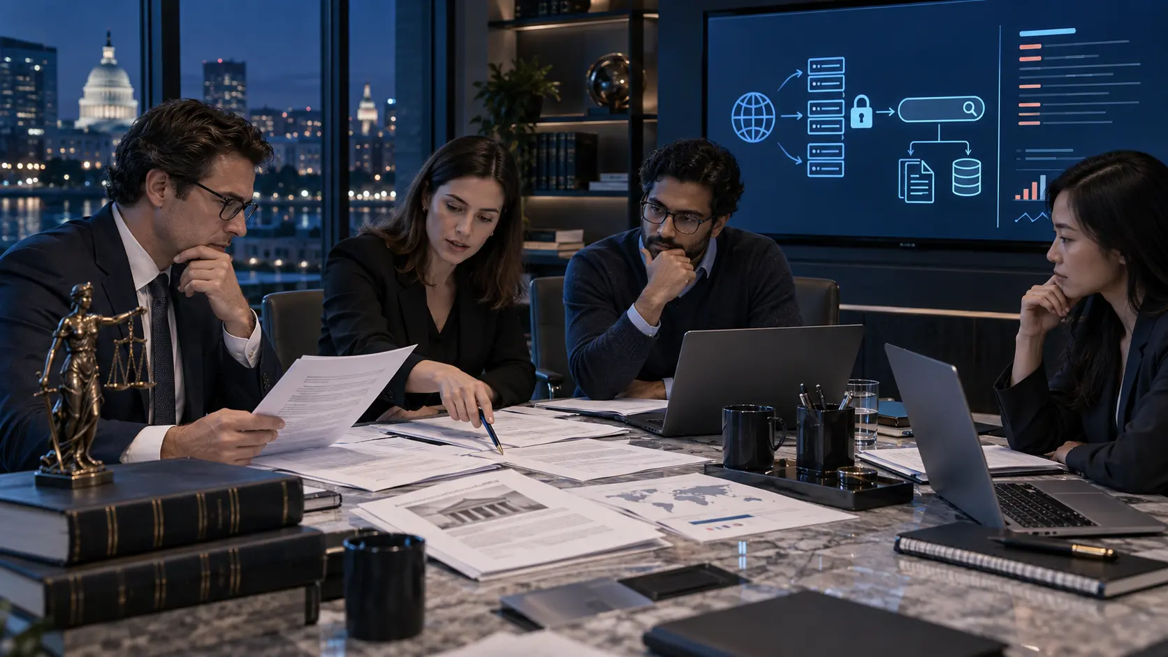 Legal and engineering teams reviewing search data licensing, court documents and API governance