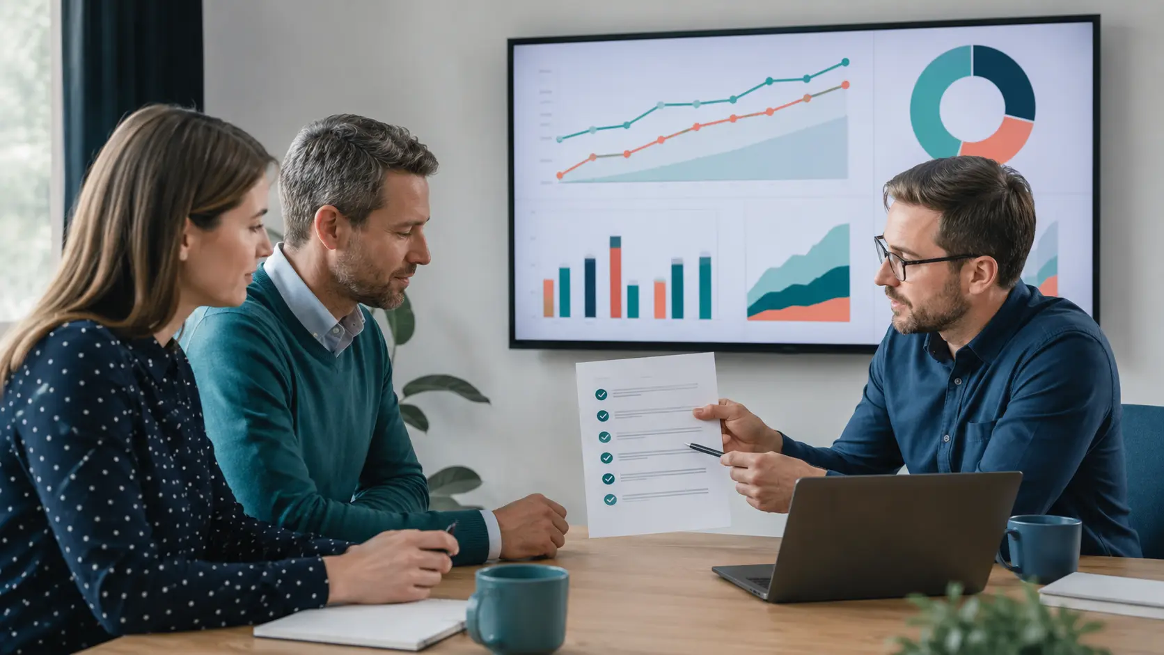 SEO consultant reviewing implementation and search performance SEO consultant reviewing completed implementation work and organic search outcomes with a client team
