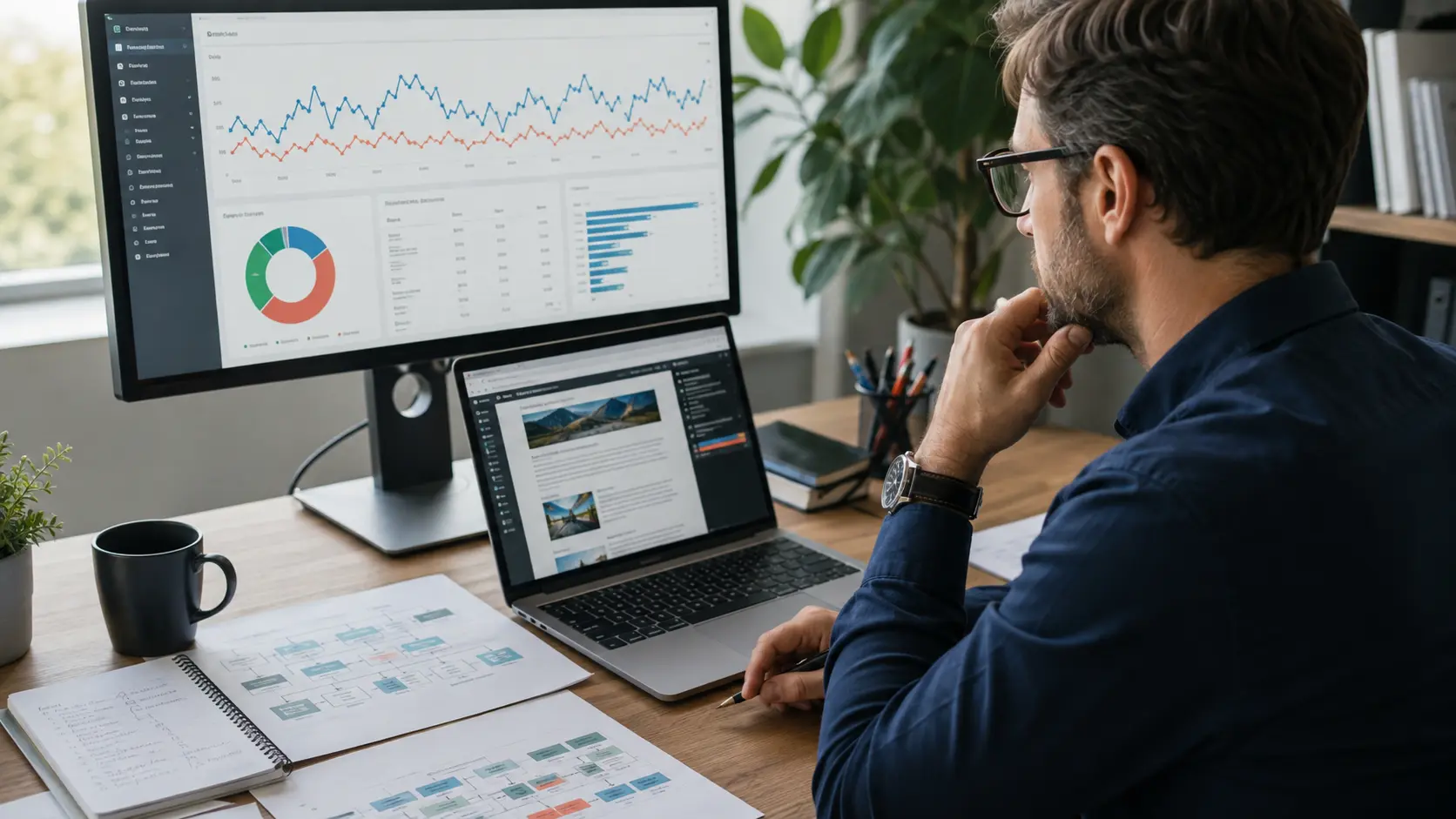SEO consultant carrying out a technical and content audit SEO consultant comparing technical crawl patterns website pages and organic search performance during an audit