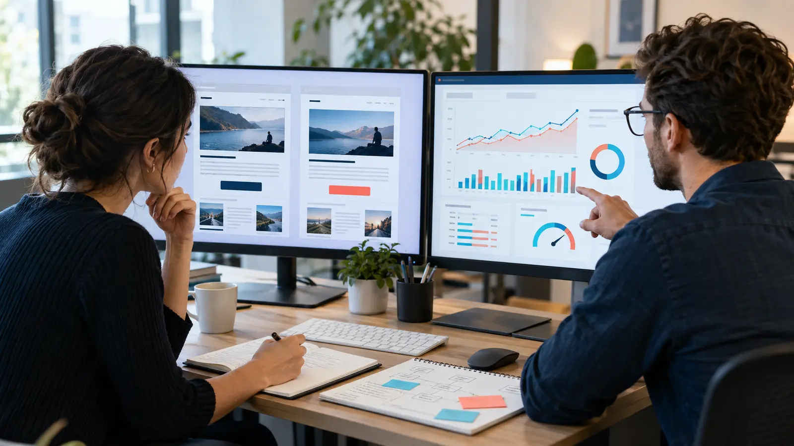 SEO-Safe Conversion Testing SEO and CRO analysts reviewing webpage variations, organic performance and page speed before launching a test