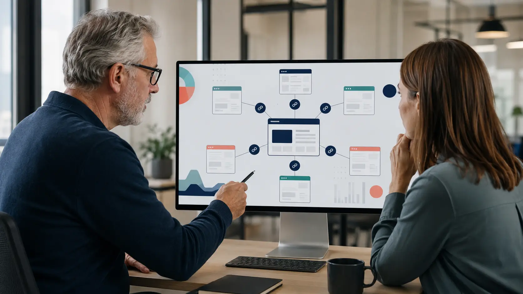 SEO strategist and communications lead reviewing a network of credible publisher references